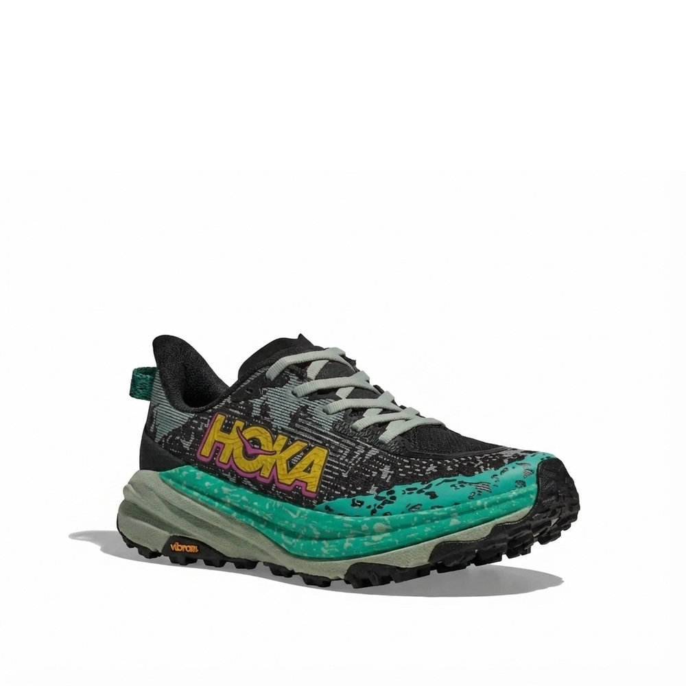 NEW HOKA women's speedgoat 6 running shoes in black/aloe vera